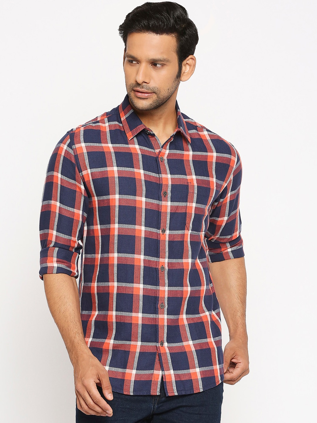 

Mufti Men Navy Blue Slim Fit Checked Casual Shirt