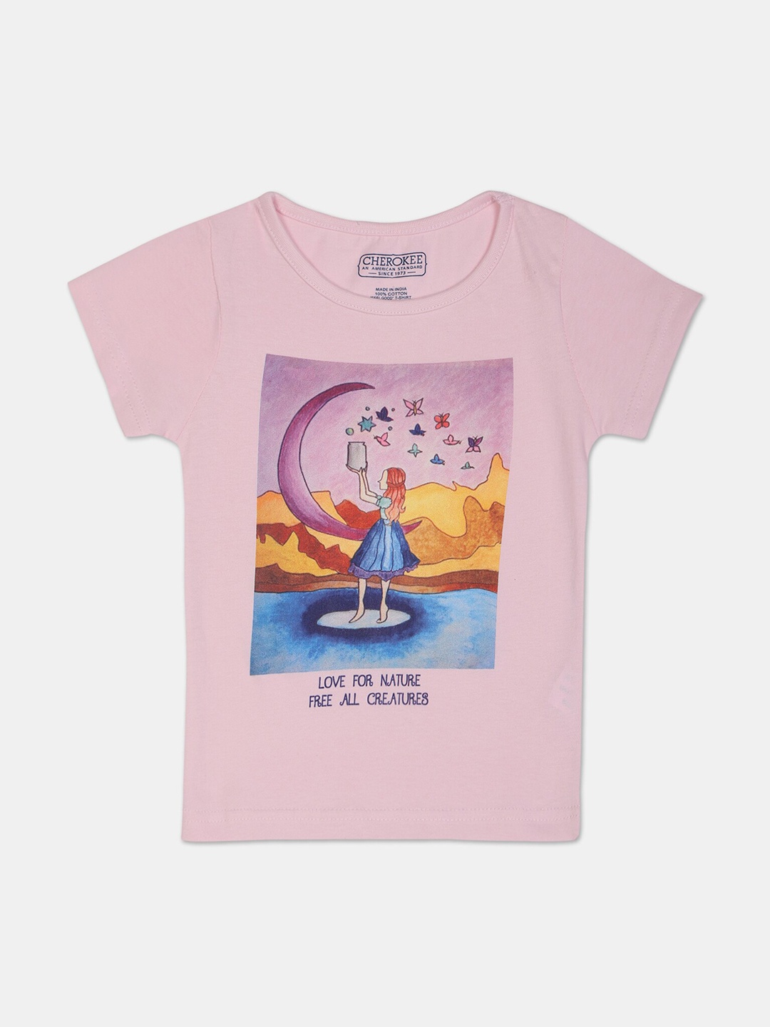 

Cherokee Girls Pink Blue Printed Round Neck Cotton Pure Cotton T-shirt