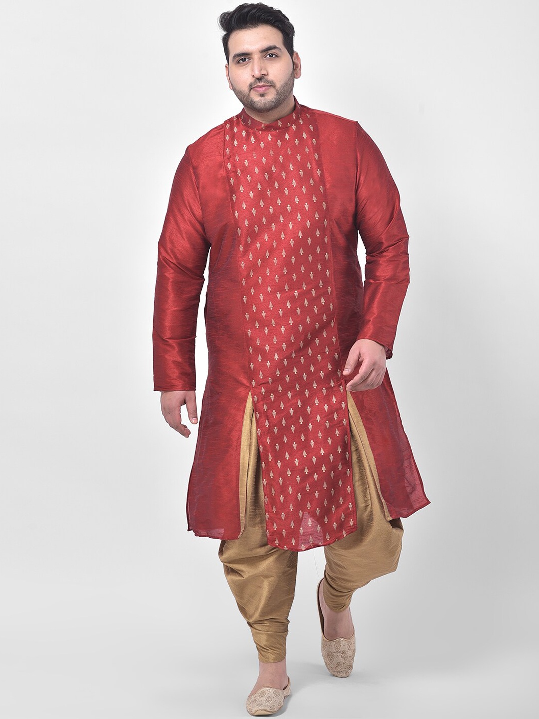 

DEYANN PLUS Men Red & Gold-Toned Printed Kurta with Dhoti Pants