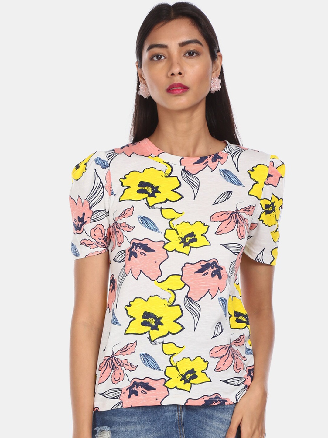 

Sugr Off white & Yellow Floral Printed Puff Sleeves Pure Cotton Top