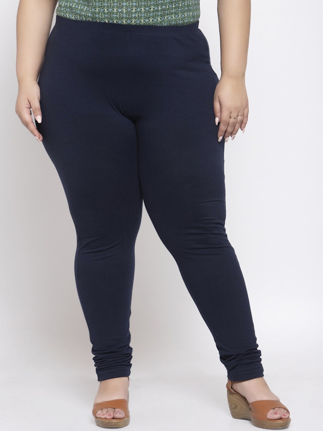 

plusS Navy Blue Solid Plus Size Churidar-Length Leggings
