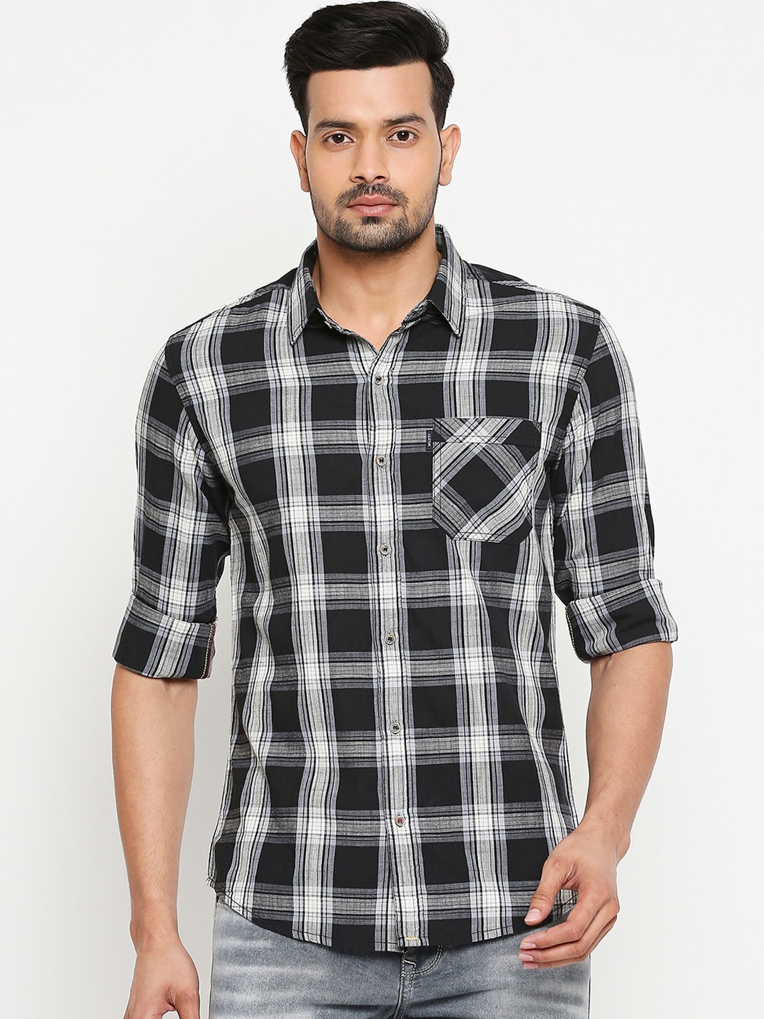 

Mufti Men Black Slim Fit Checked Casual Shirt