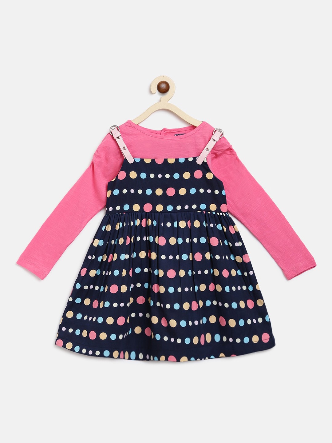 

Nauti Nati Girls Navy Blue Printed A-Line Dress with Pink Solid Top
