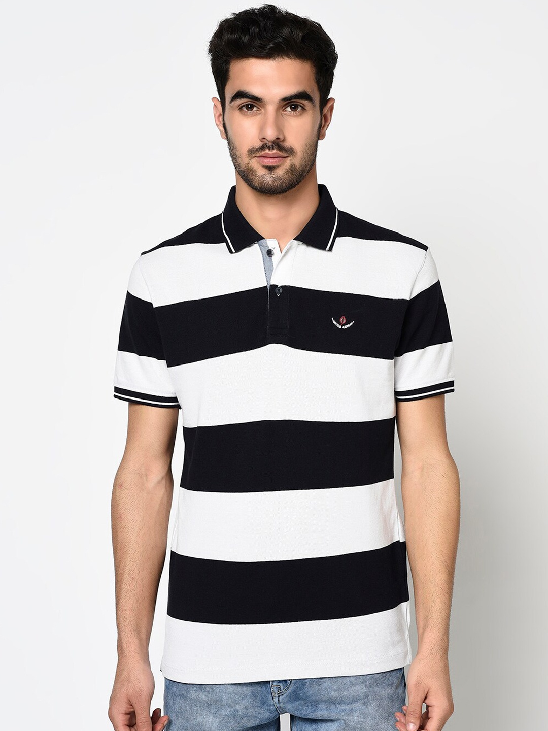 

Octave Men White & Black Striped Polo Collar T-shirt