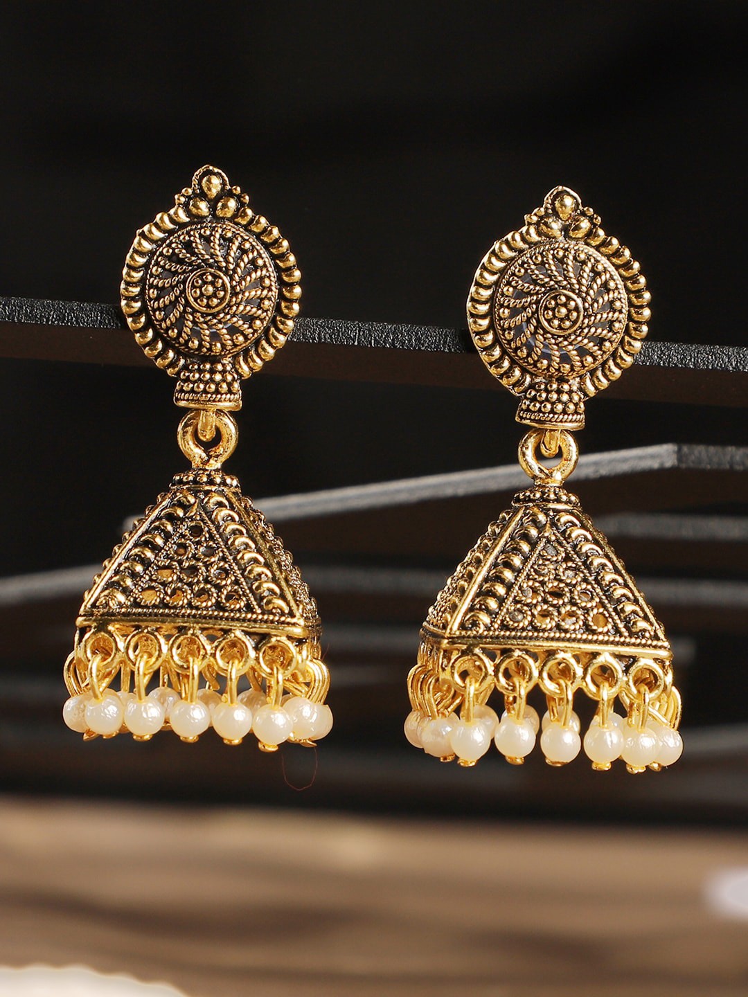 

ANIKAS CREATION Gold-Plated Antique Dome Shaped Jhumkas