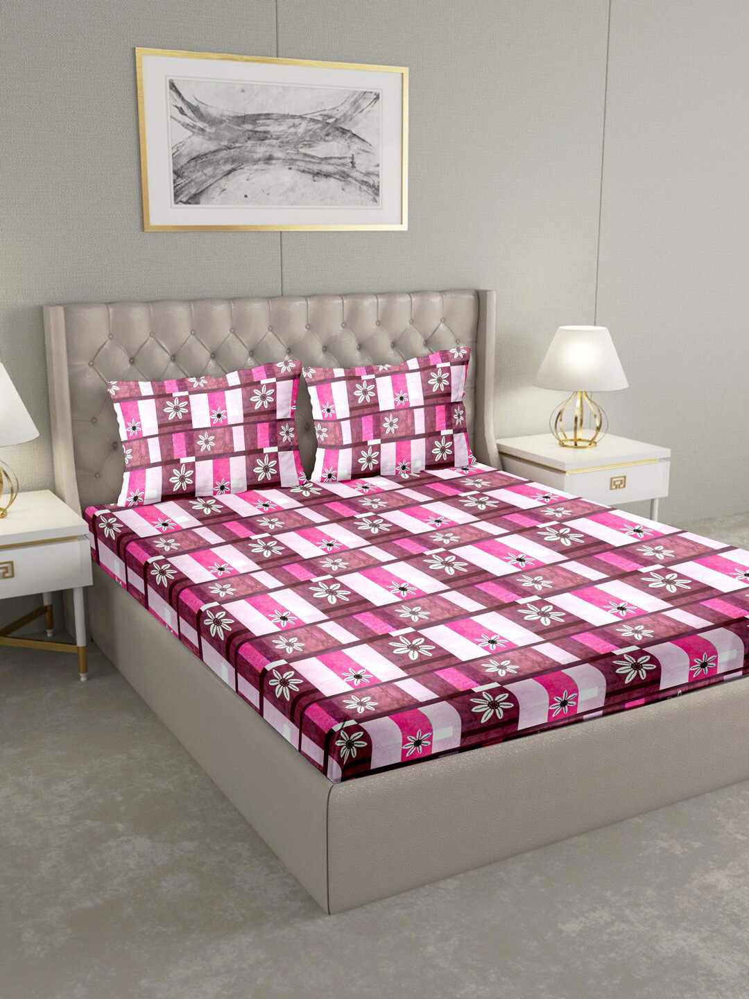 

BELLA CASA Pink Floral 124 TC Cotton 1 King Bedsheet with 2 Pillow Covers