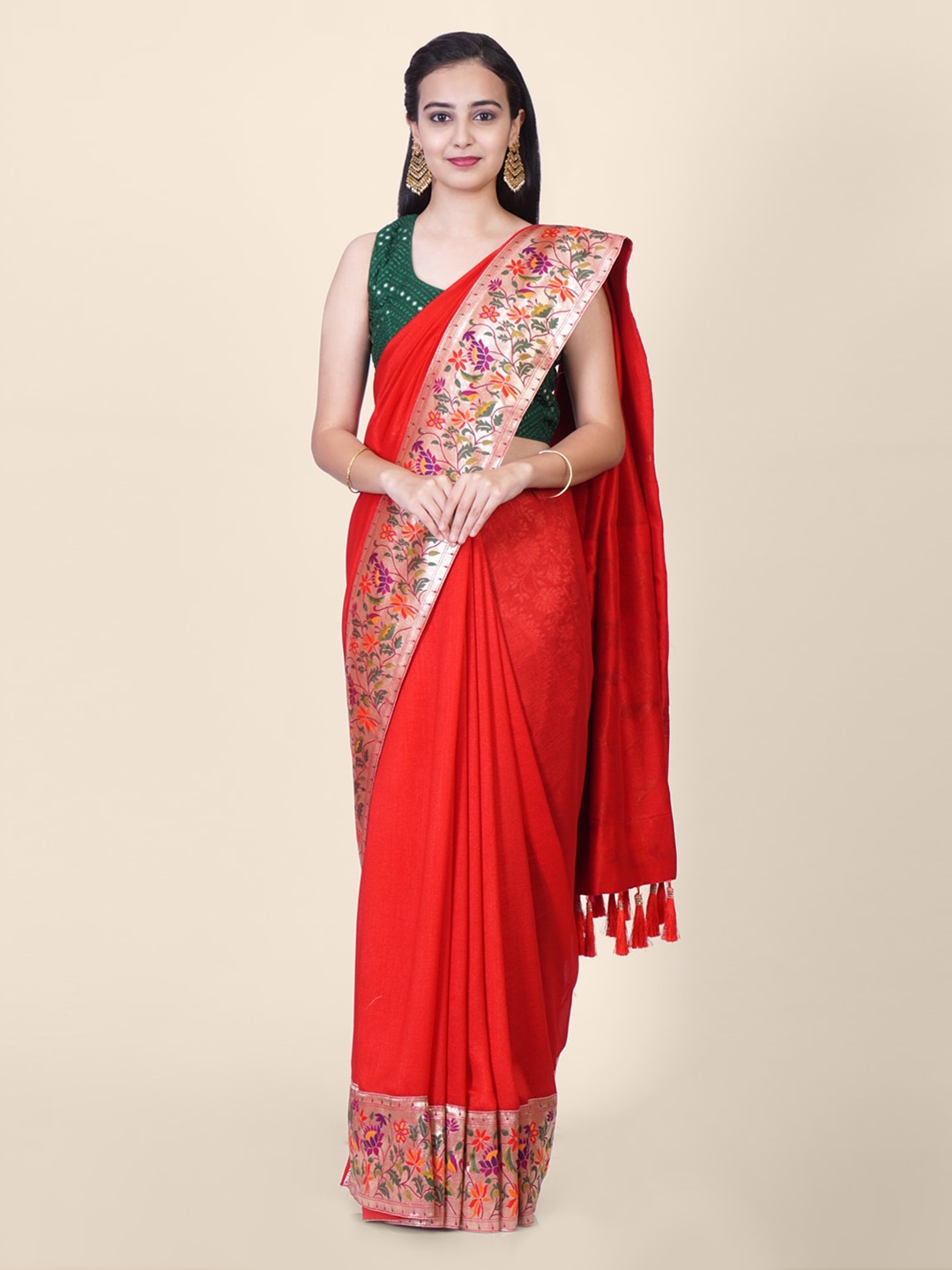 

Hastakala Red Pure Linen Solid Paithani Saree