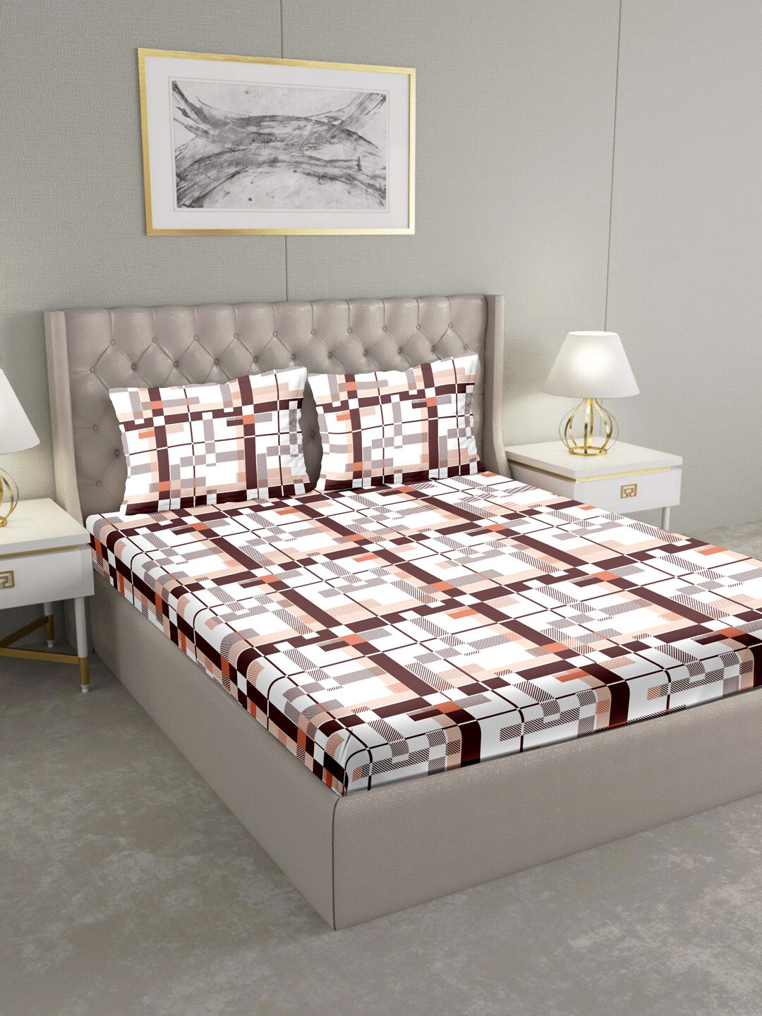

BELLA CASA White & Brown Geometric 124 TC Cotton 1 King Bedsheet with 2 Pillow Covers