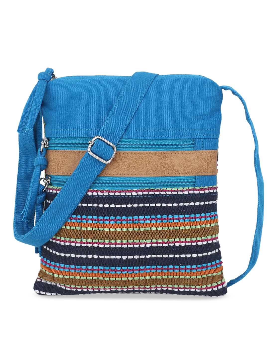 Anekaant Blue & Olive Green Striped Sling Bag