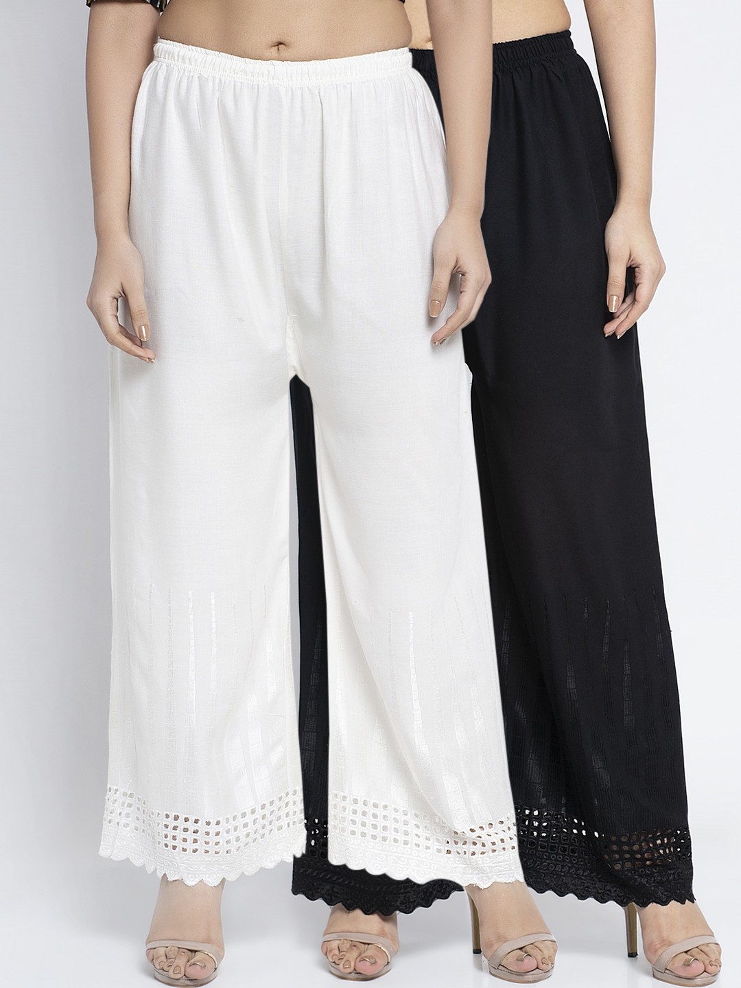 

GRACIT Women Set Of 2 Black & White Hem Design Flared Palazzos