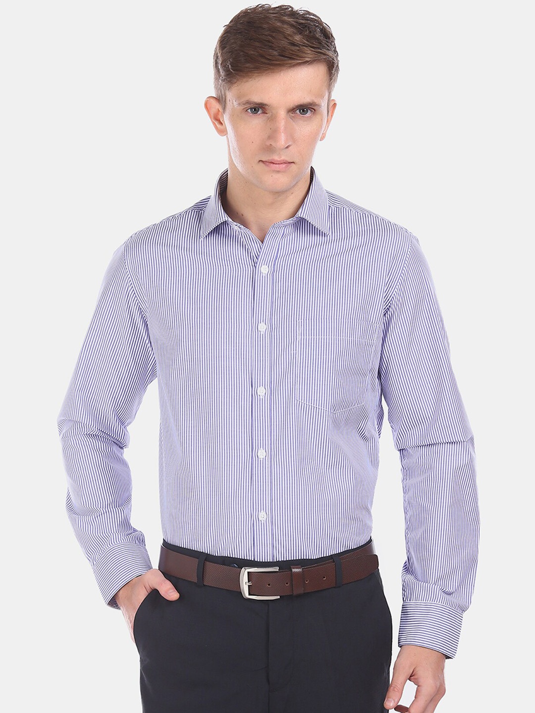 

Excalibur Men Blue & White Pinstripes Striped Formal Shirt