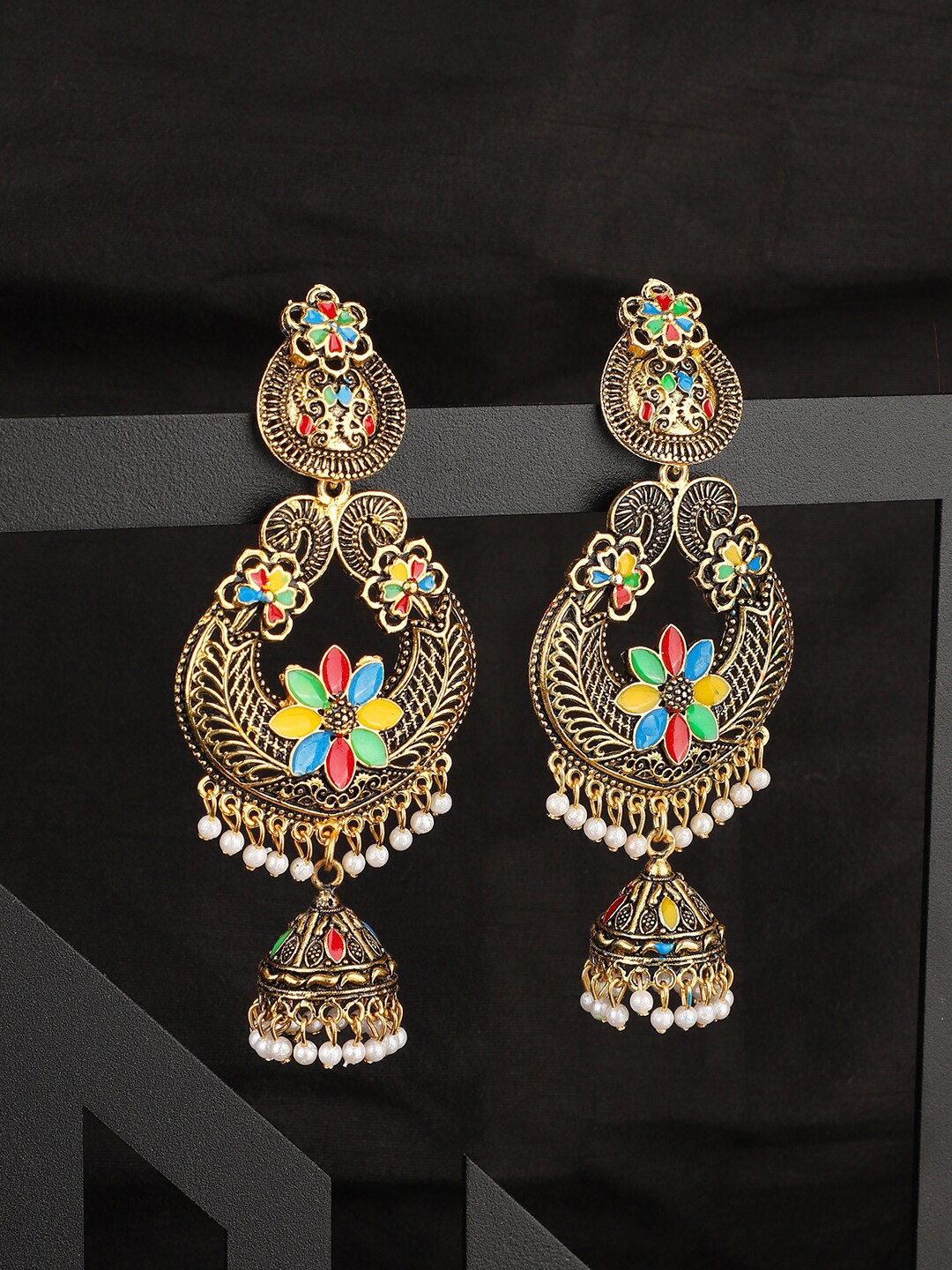 

ANIKAS CREATION Multicoloured Gold-Plated Meenakari Classic Jhumkas, Multi