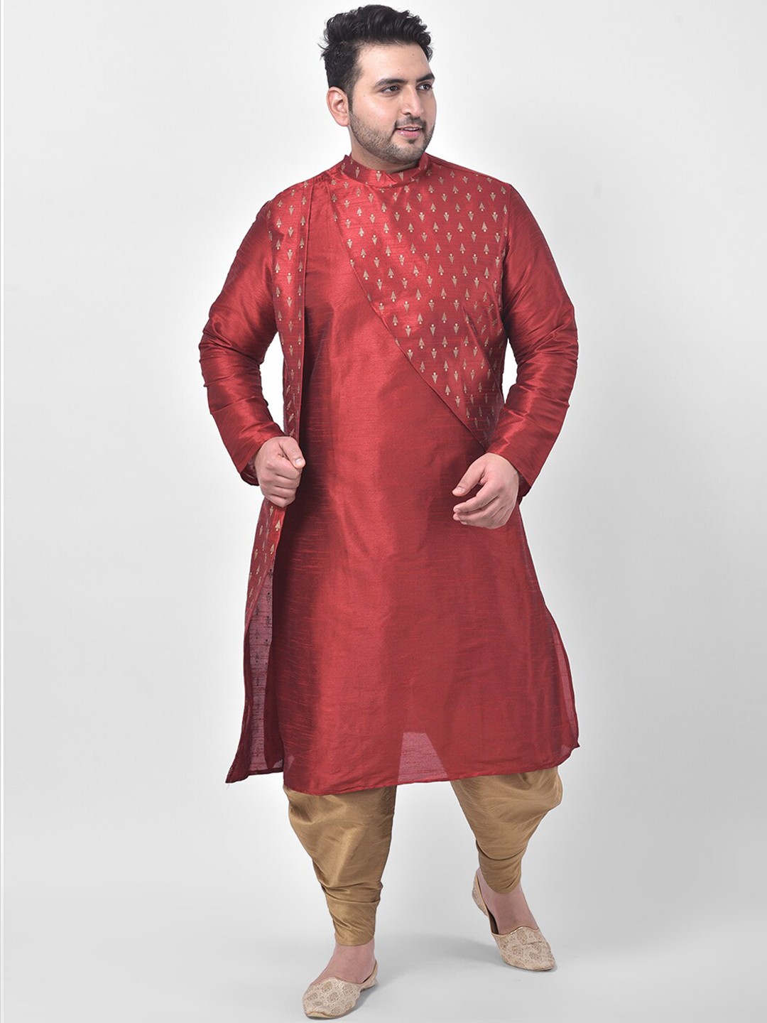 

DEYANN PLUS Men Red & Gold-Toned Printed Kurta with Dhoti Pants