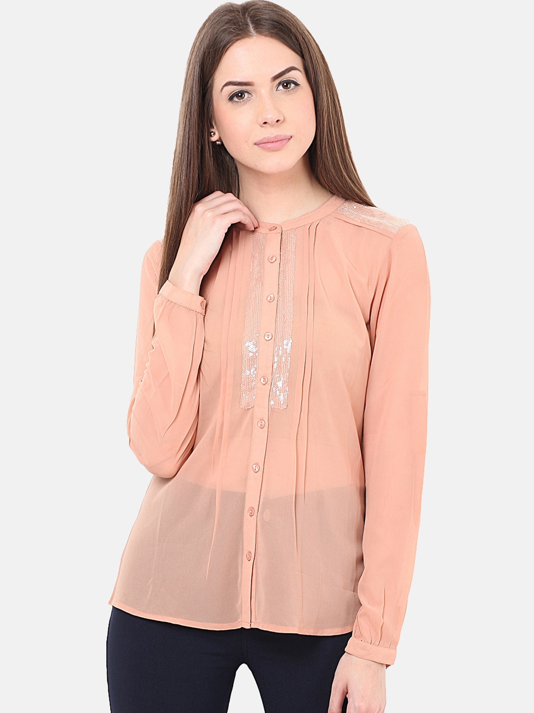 

Porsorte Women Light-Brown Regular Fit Sequin Detail Sheer Casual Shirt