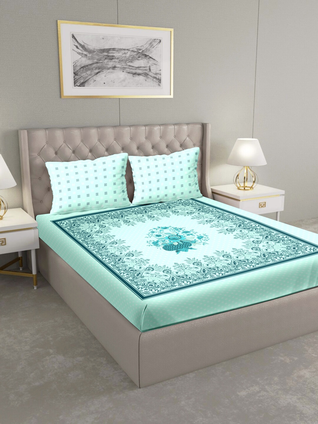

BELLA CASA Turquoise Blue Ethnic Motifs 160 TC Cotton 1 King Bedsheet with 2 Pillow Covers