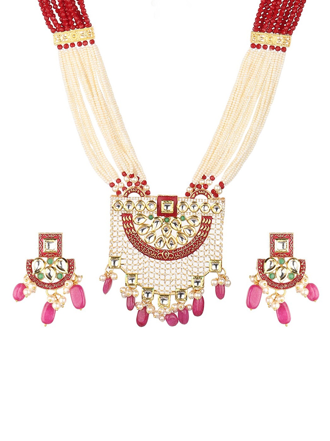 

Runjhun Gold-Plated White & Red Kundan & Ruby Studded Beaded Meenakari Handcrafted Jewellery Set