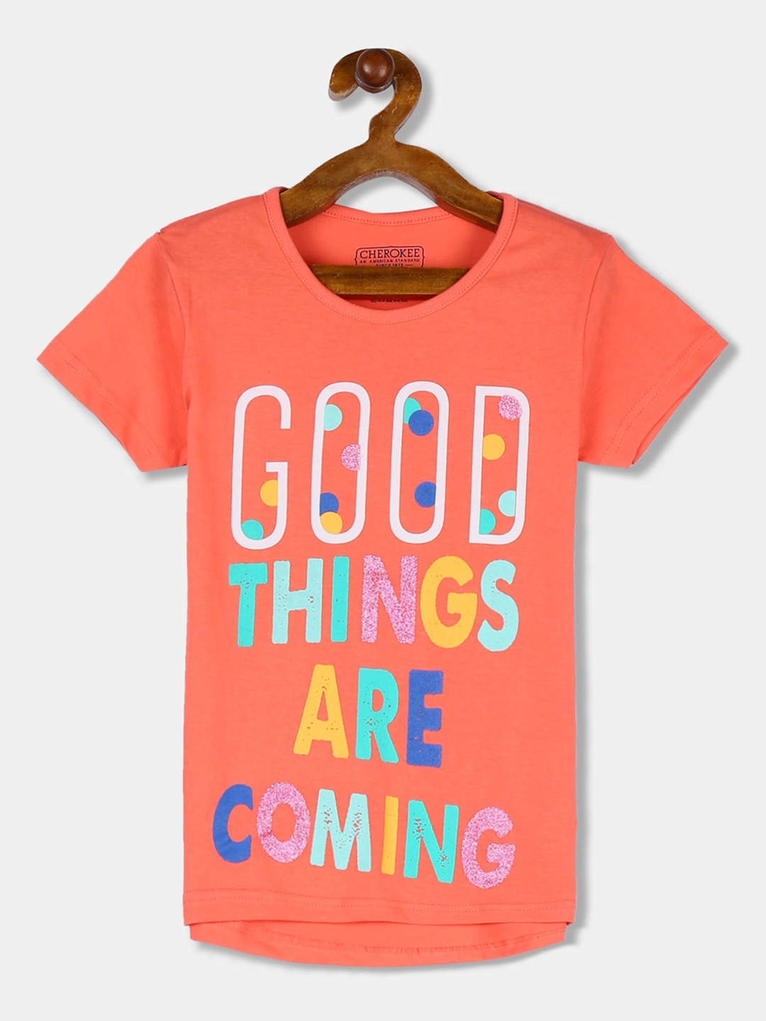 

Cherokee Girls Peach-Coloured & Blue Printed Round Neck T-shirt