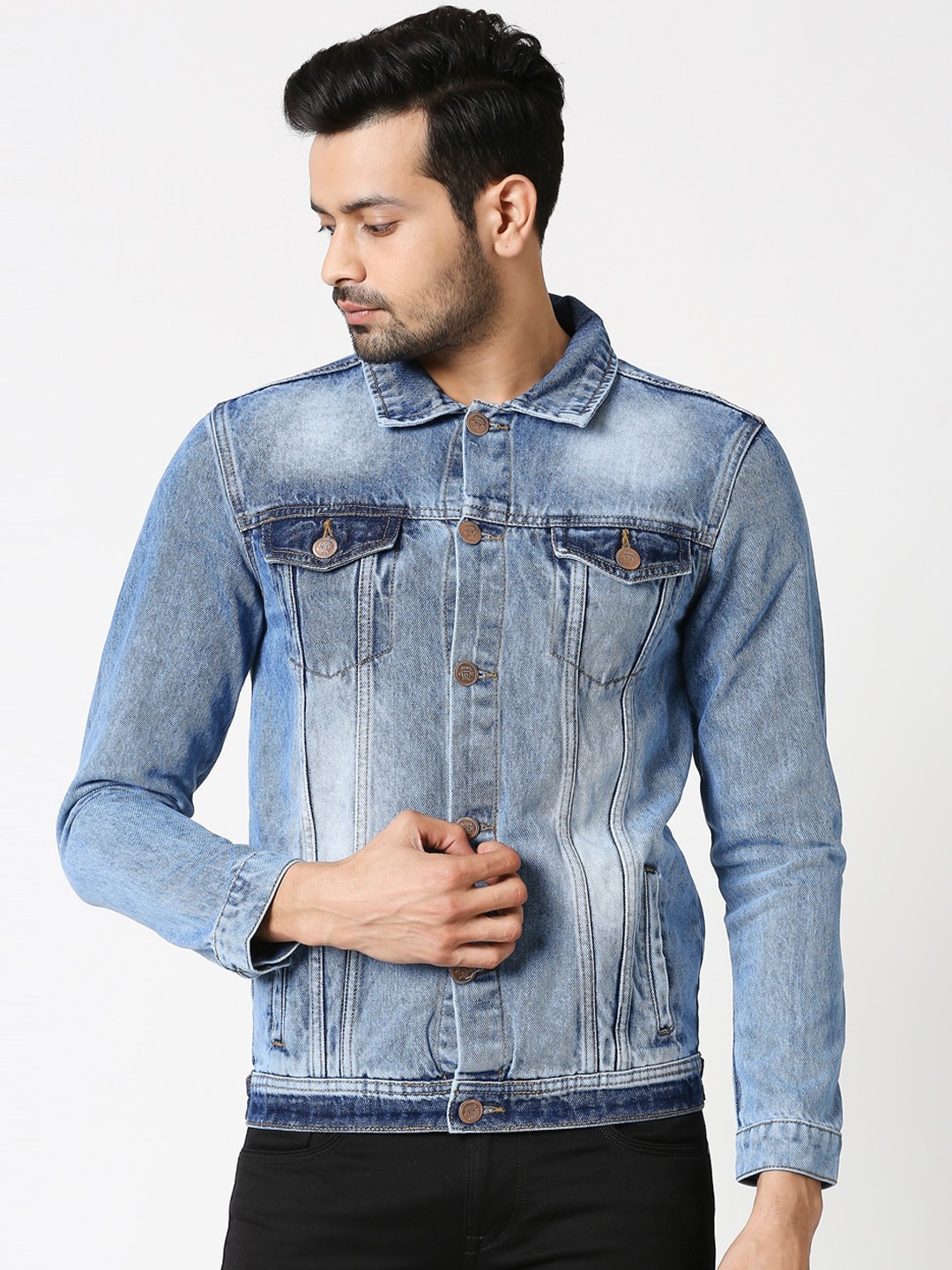 

High Star Men Blue Solid Denim Jacket