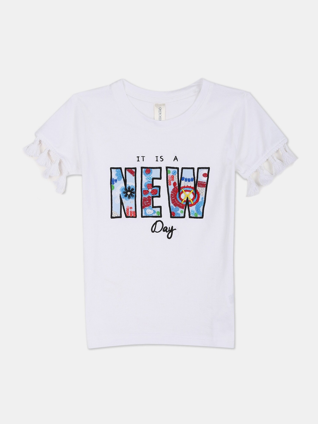 

Cherokee Girls White & Blue Printed Round Neck T-shirt