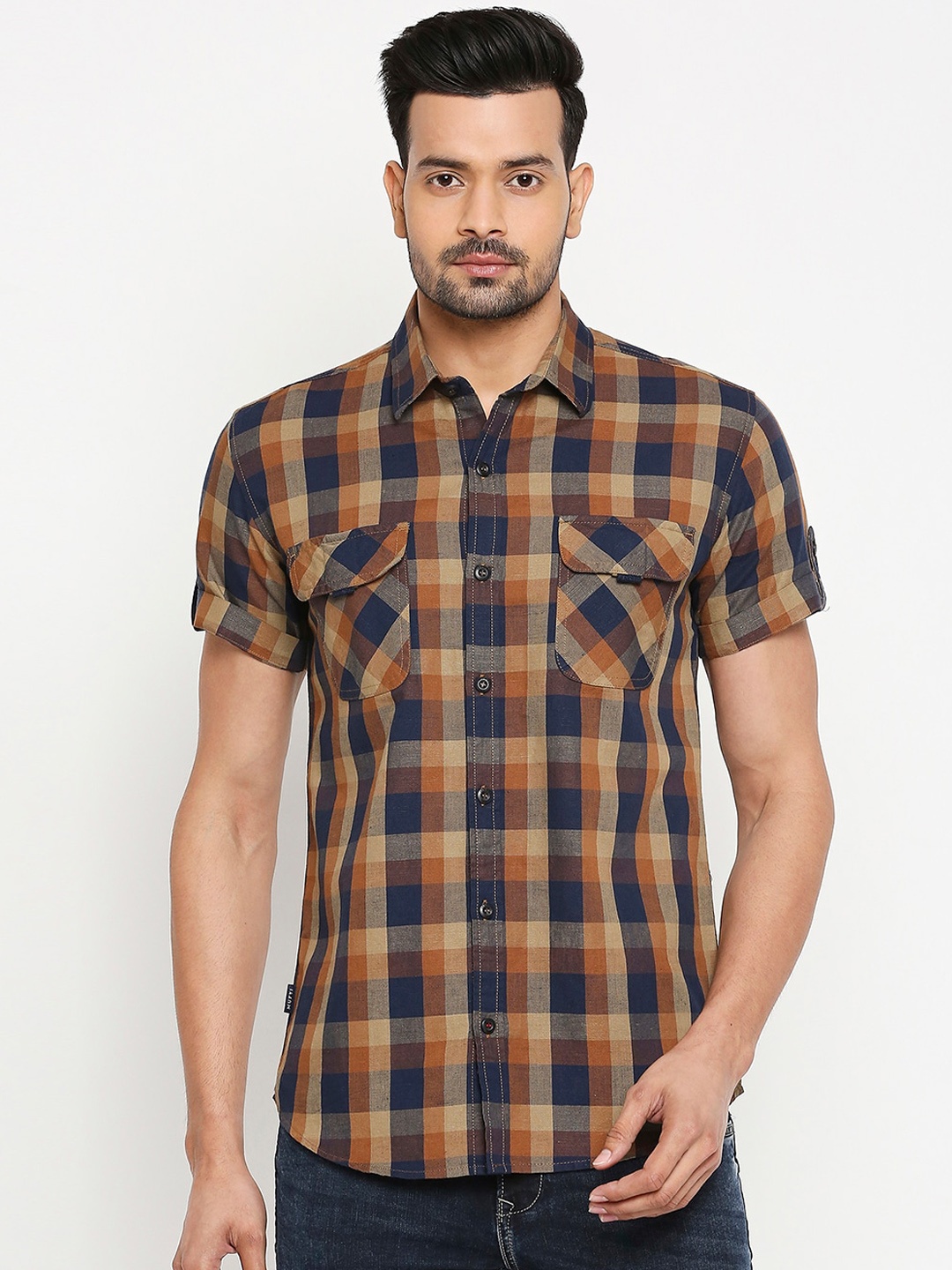 

Mufti Men Navy Blue Slim Fit Checked Casual Shirt