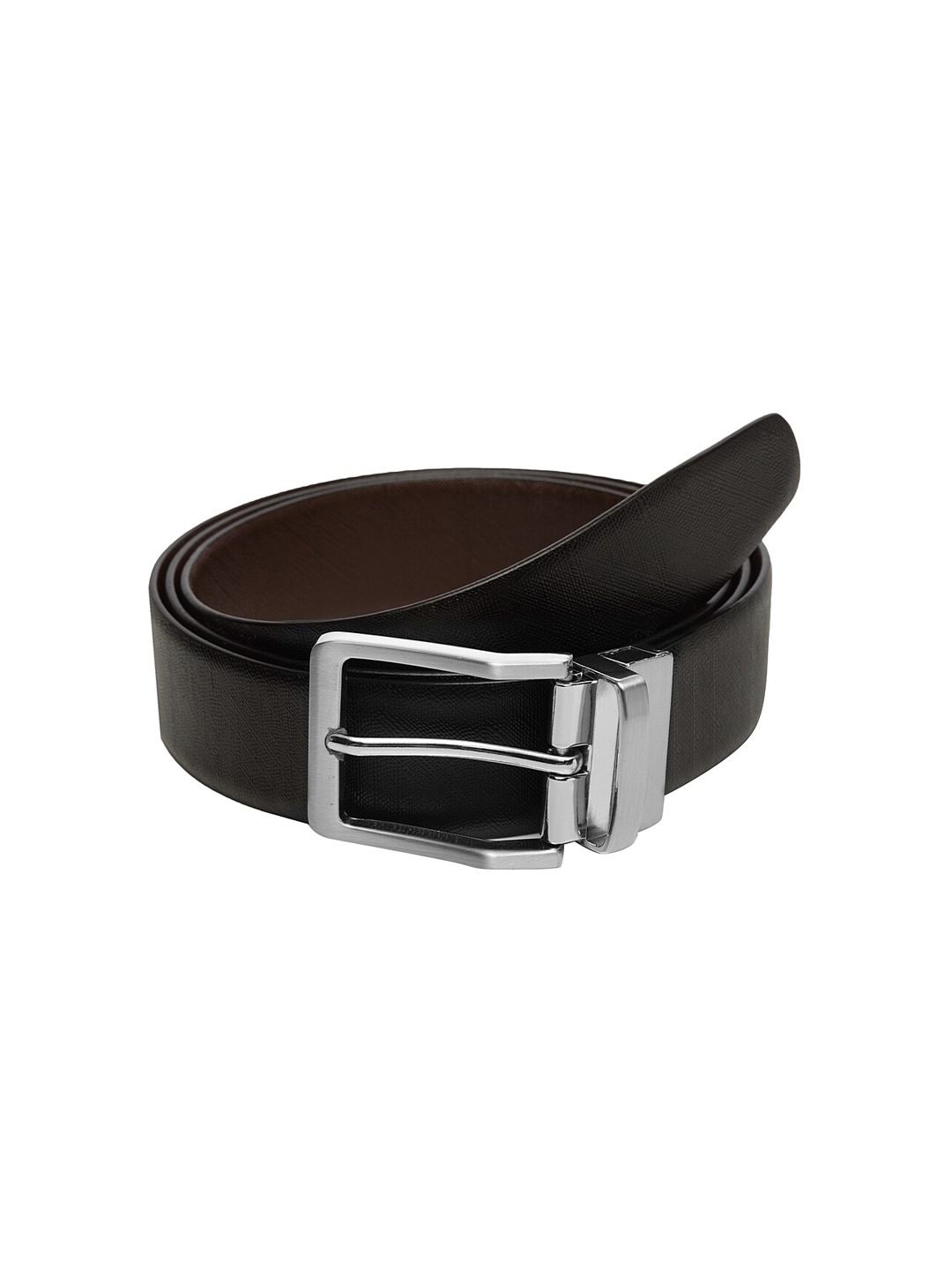 WELBAWT Men Black & Brown Textured Leather Slim Reversible Belt