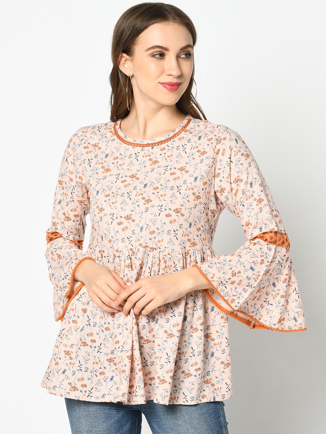 

Azira Women Orange Floral Printed Bell Sleeves Regular Top