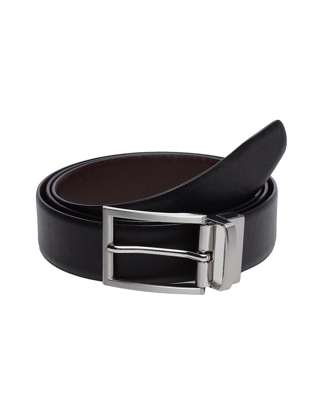 

WELBAWT Men Black & Brown Textured Leather Slim Reversible Belt
