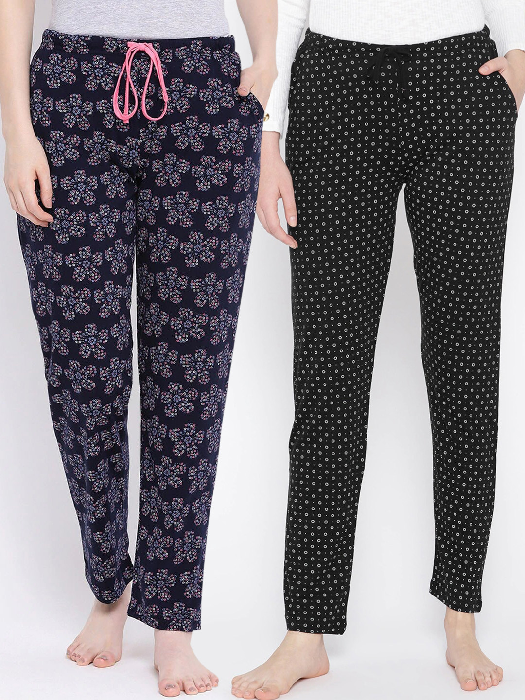 

Kanvin Women Pack of 2 Black & Navy Blue Printed Cotton Lounge Pants
