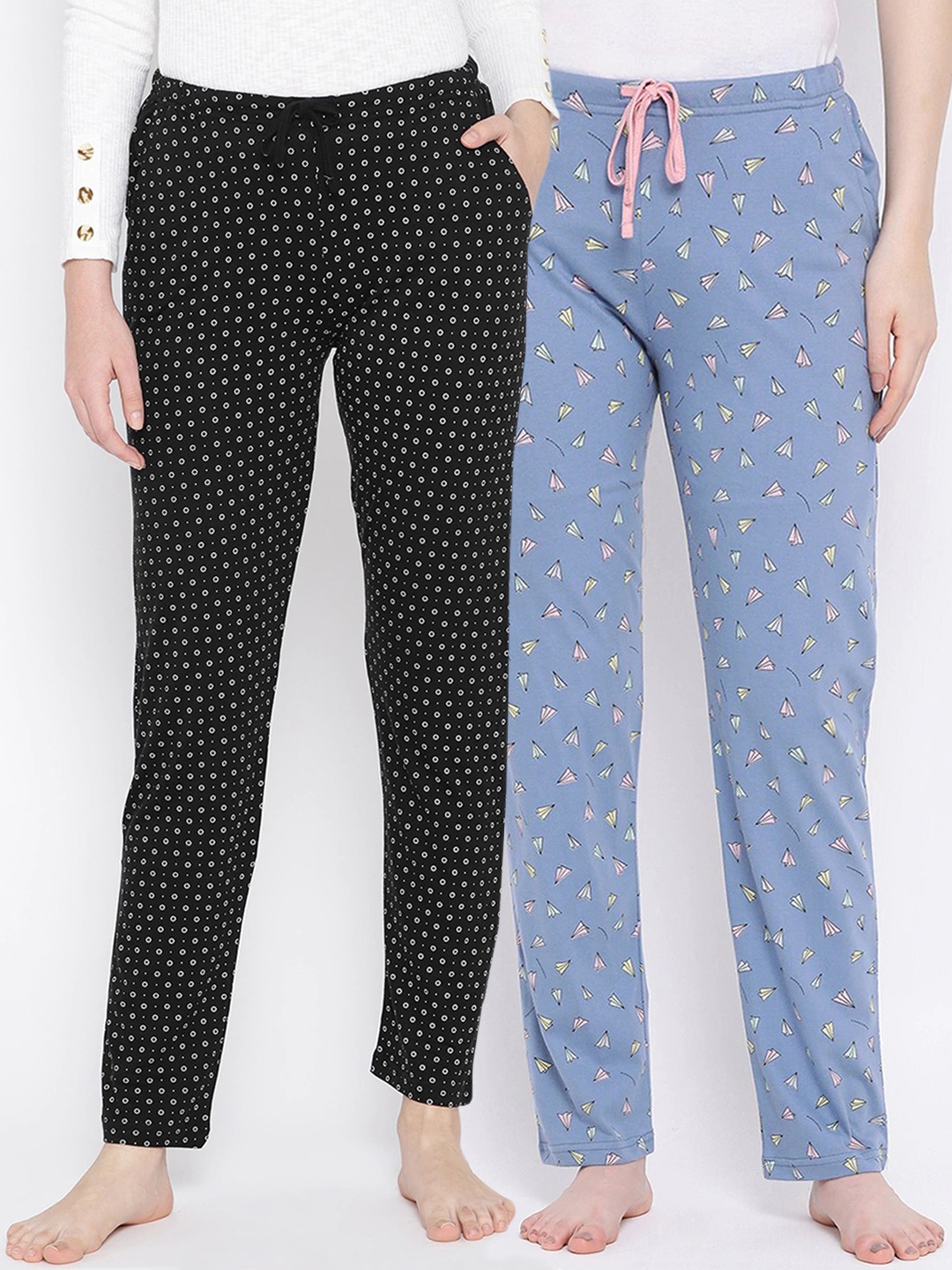 

Kanvin Women Pack of 2 Printed Cotton Lounge Pants, Black