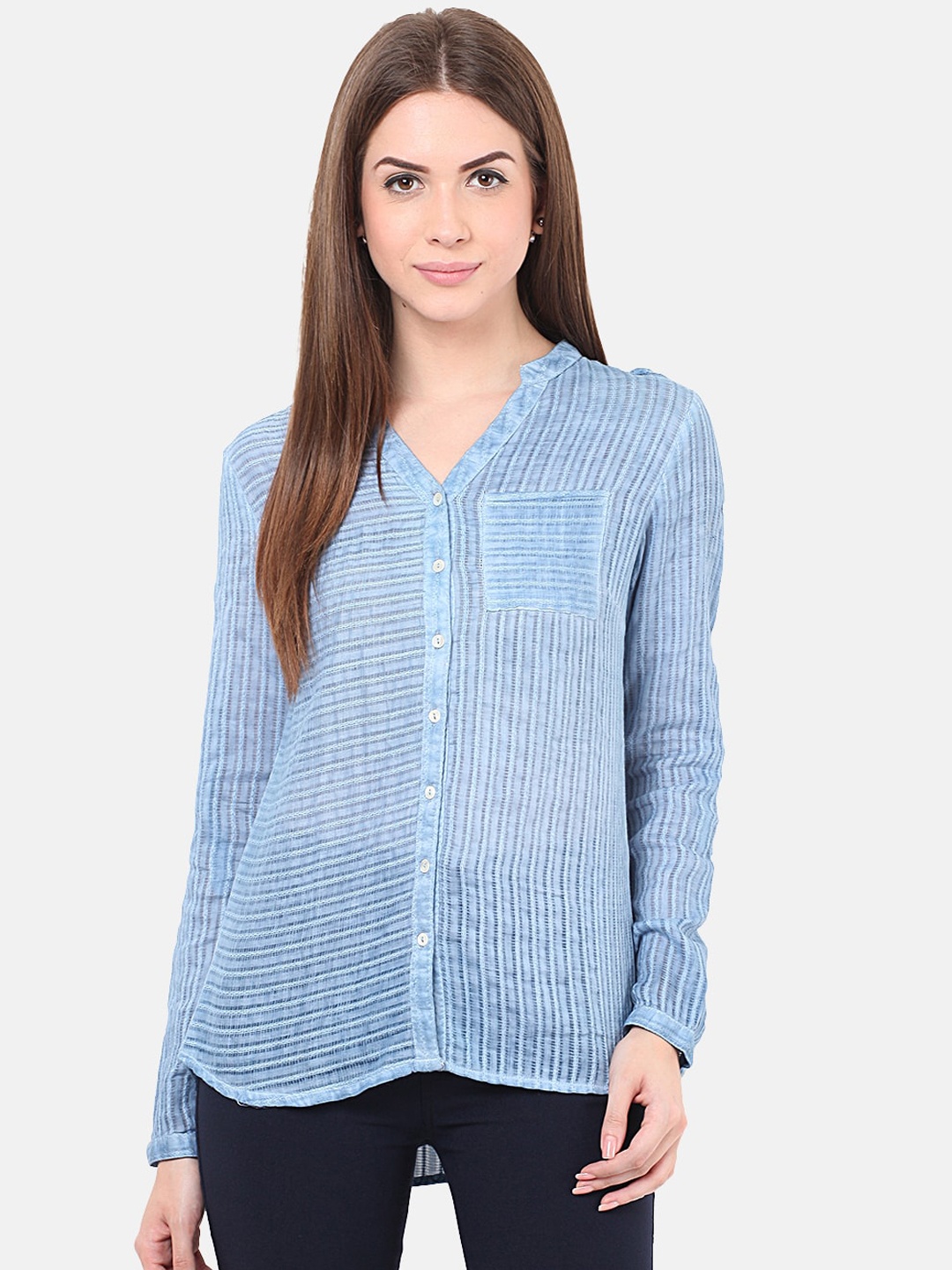

Porsorte Women Blue Regular Fit Striped Semi-Sheer Casual Shirt