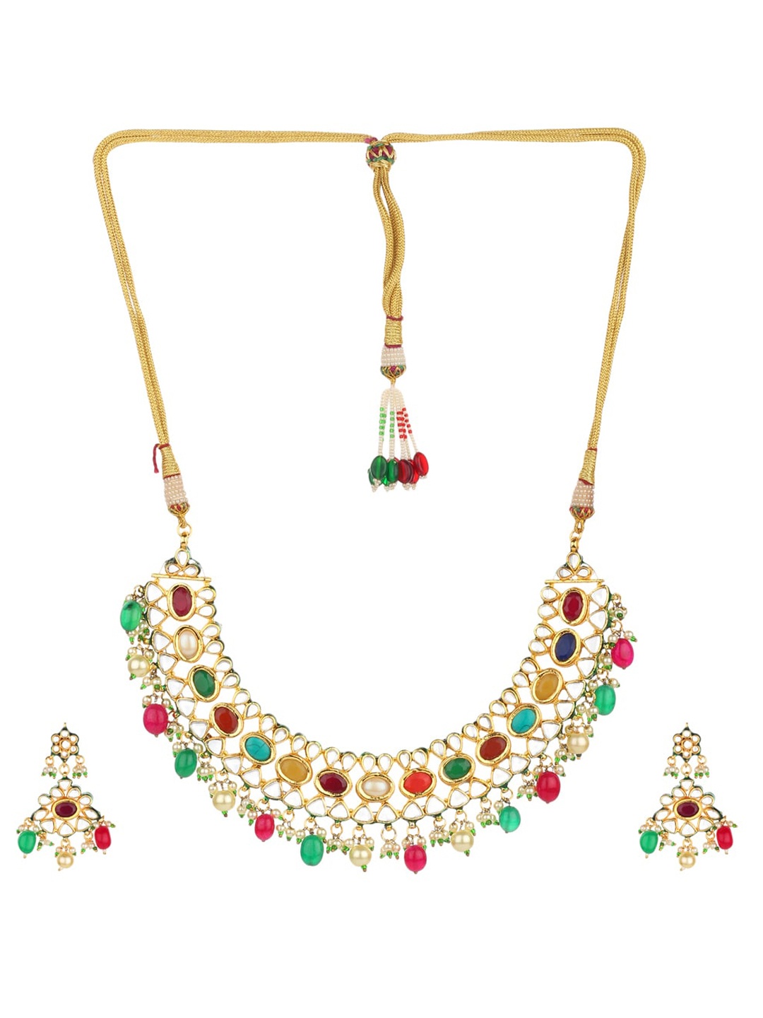 

Runjhun Gold-Plated Red & Green Kundan- Studded Beaded Jadau Jewellery Set