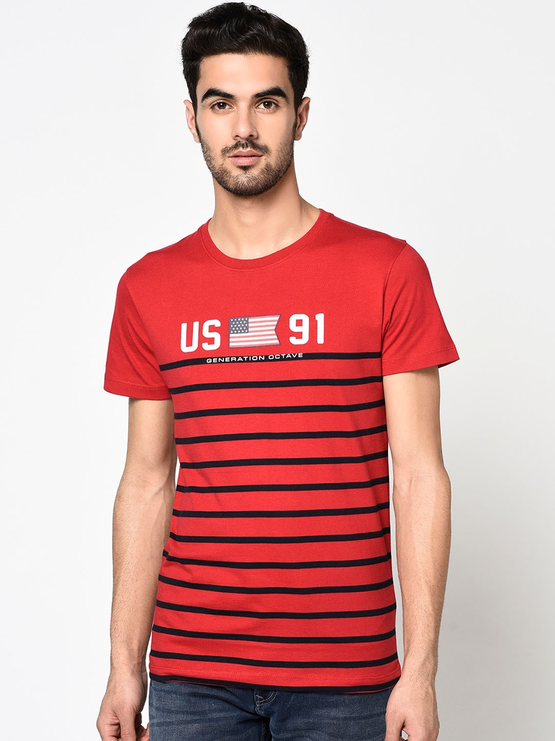 

Octave Men Red & Black Striped Round Neck T-shirt