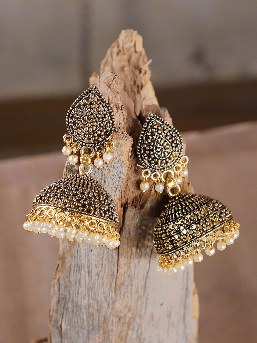 

ANIKAS CREATION Gold-Plated Antique Dome Shaped Jhumkas