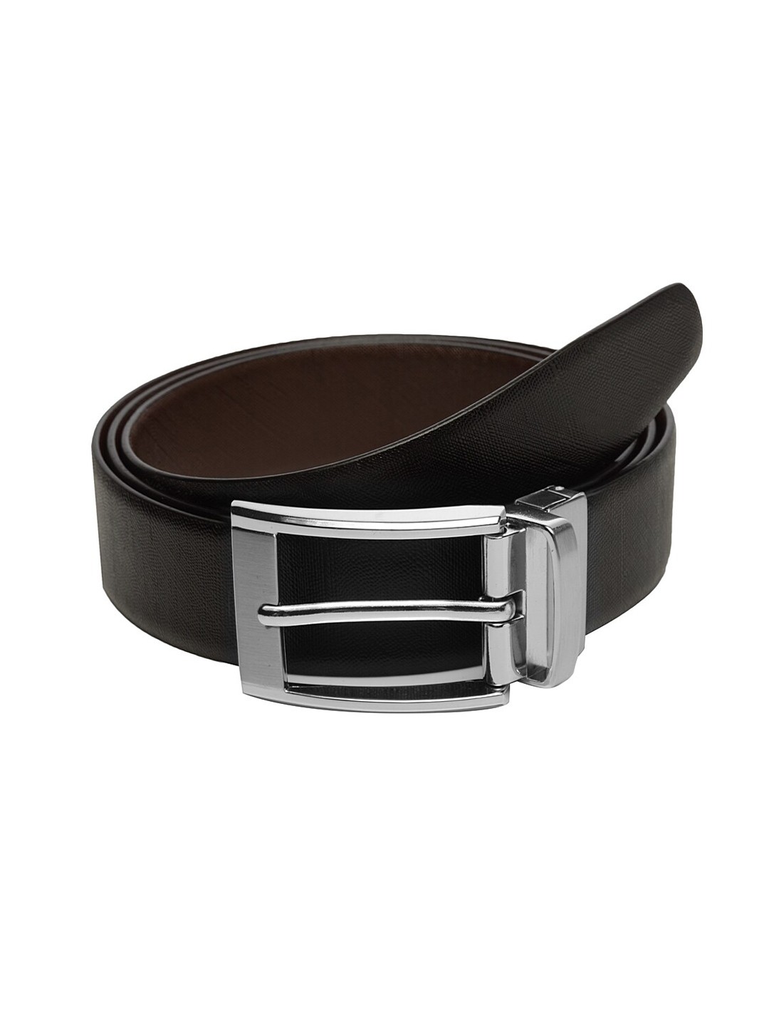 

WELBAWT Men Black & Brown Textured Leather Slim Reversible Belt