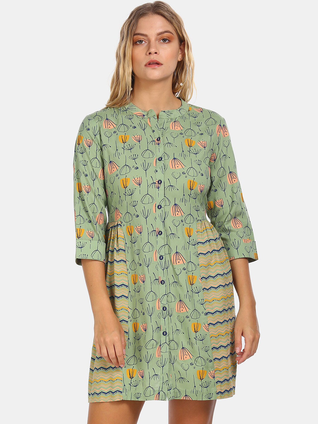 

Karigari Women Green Printed A-Line Dress