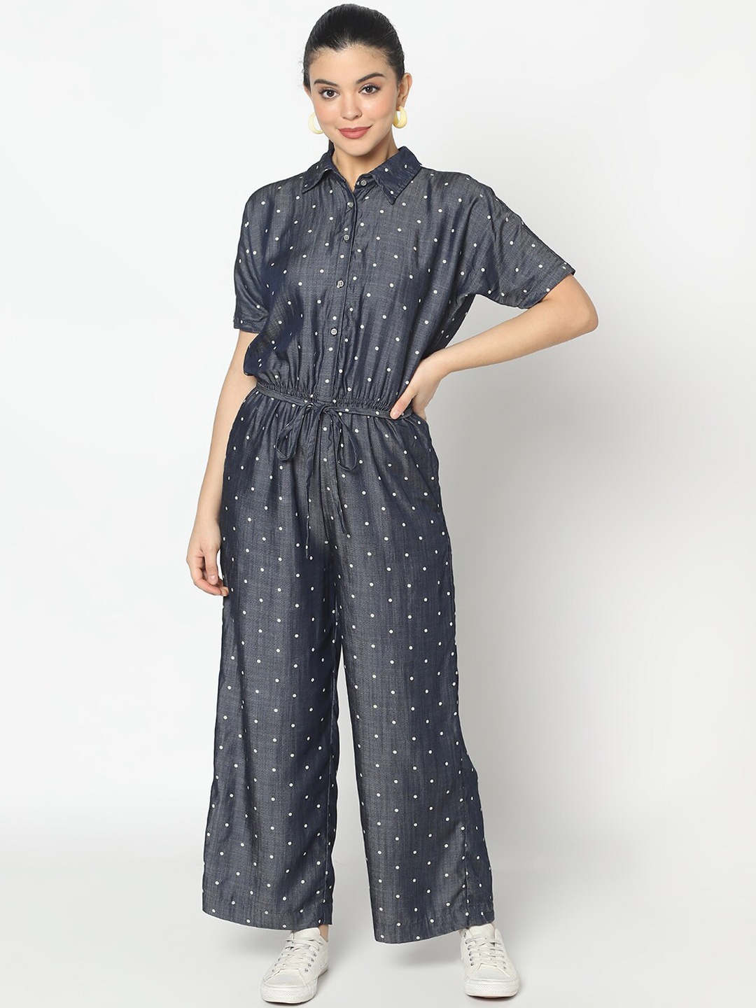

SQew Women Grey & White Polka Dot Printed Denim Basic Jumpsuit