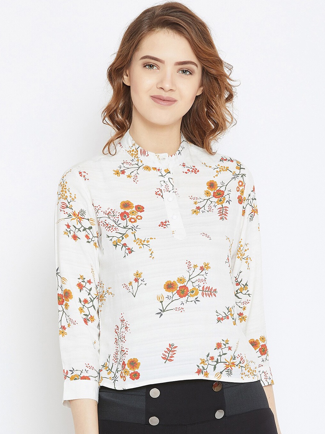 

Zastraa White Floral Printed Liva Top