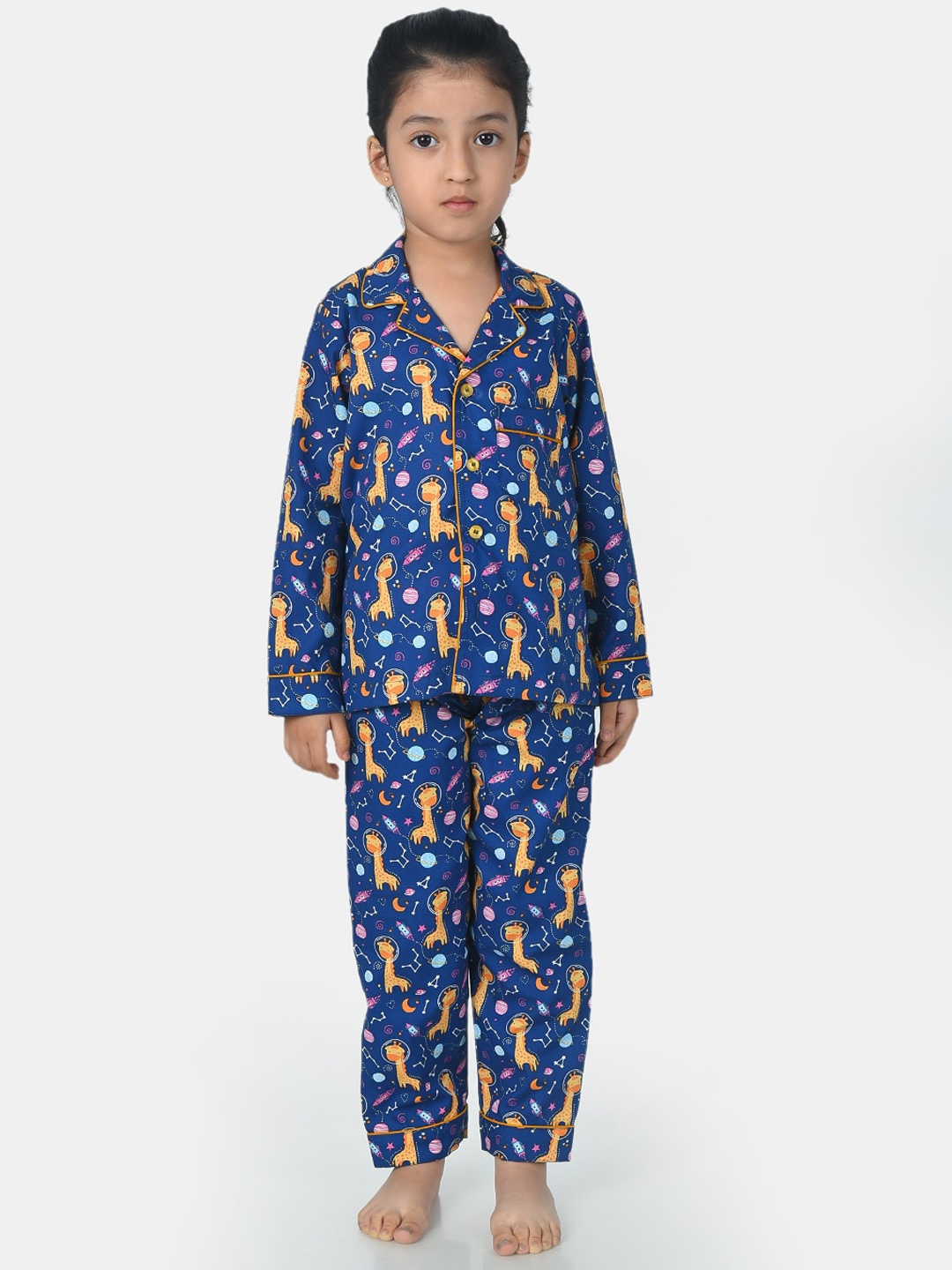 ESME Unisex Kids Navy Blue & Yellow Printed Night suit