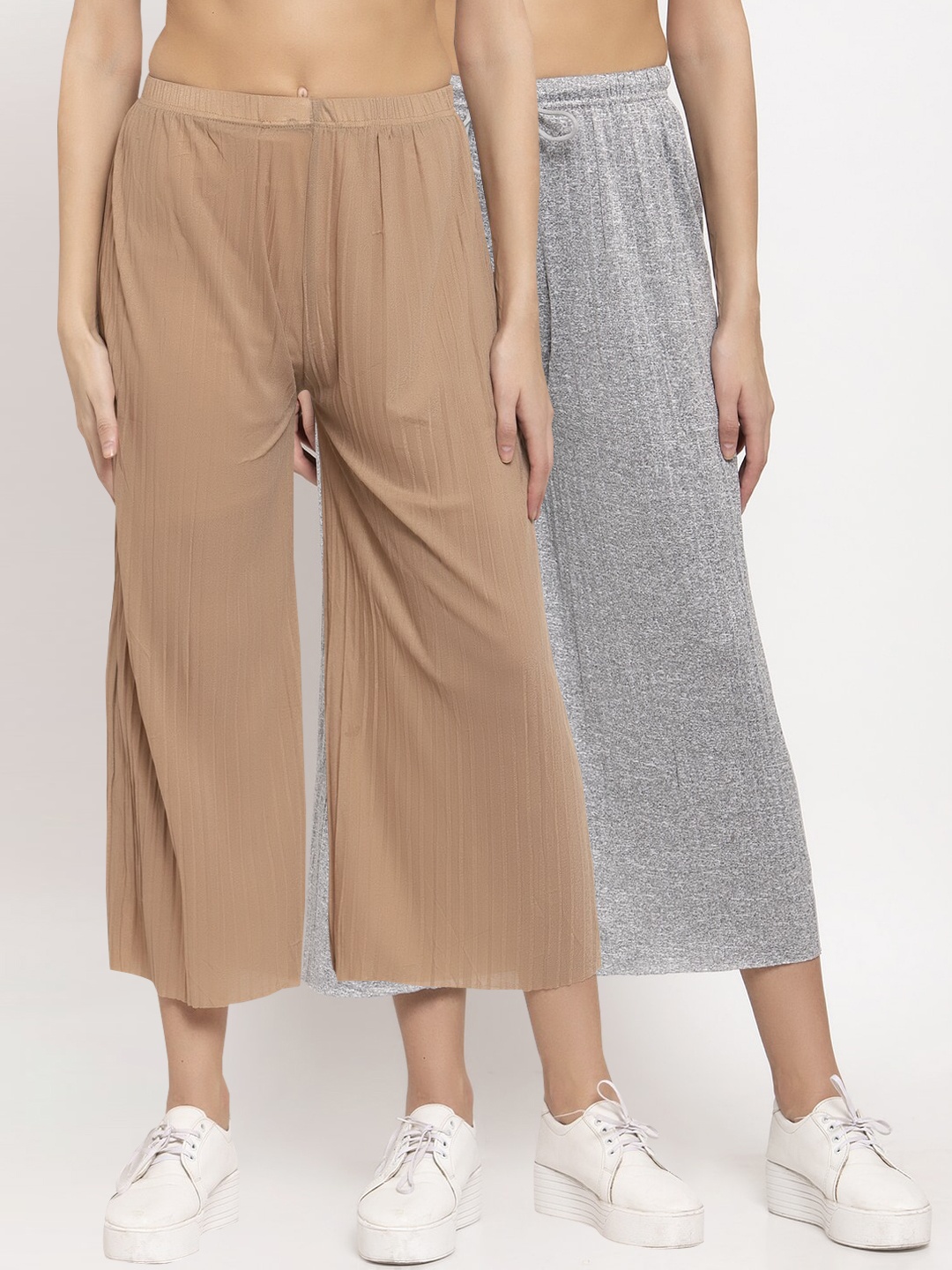 

KLOTTHE Women Pack Of 2 Solid Wide Leg Cropped Palazzos, Beige