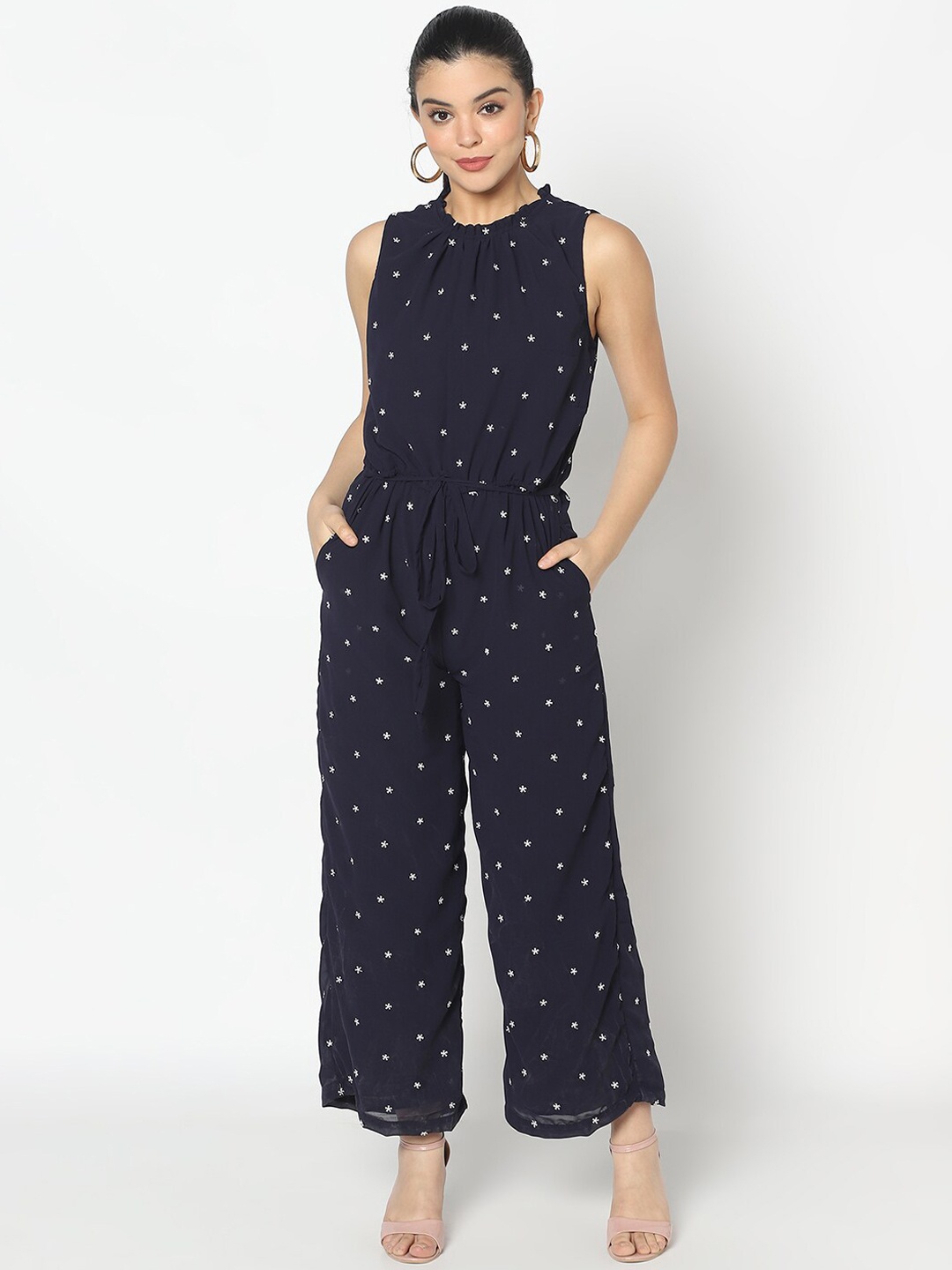 

SQew Women Navy Blue & White Emboidered Basic Jumpsuit
