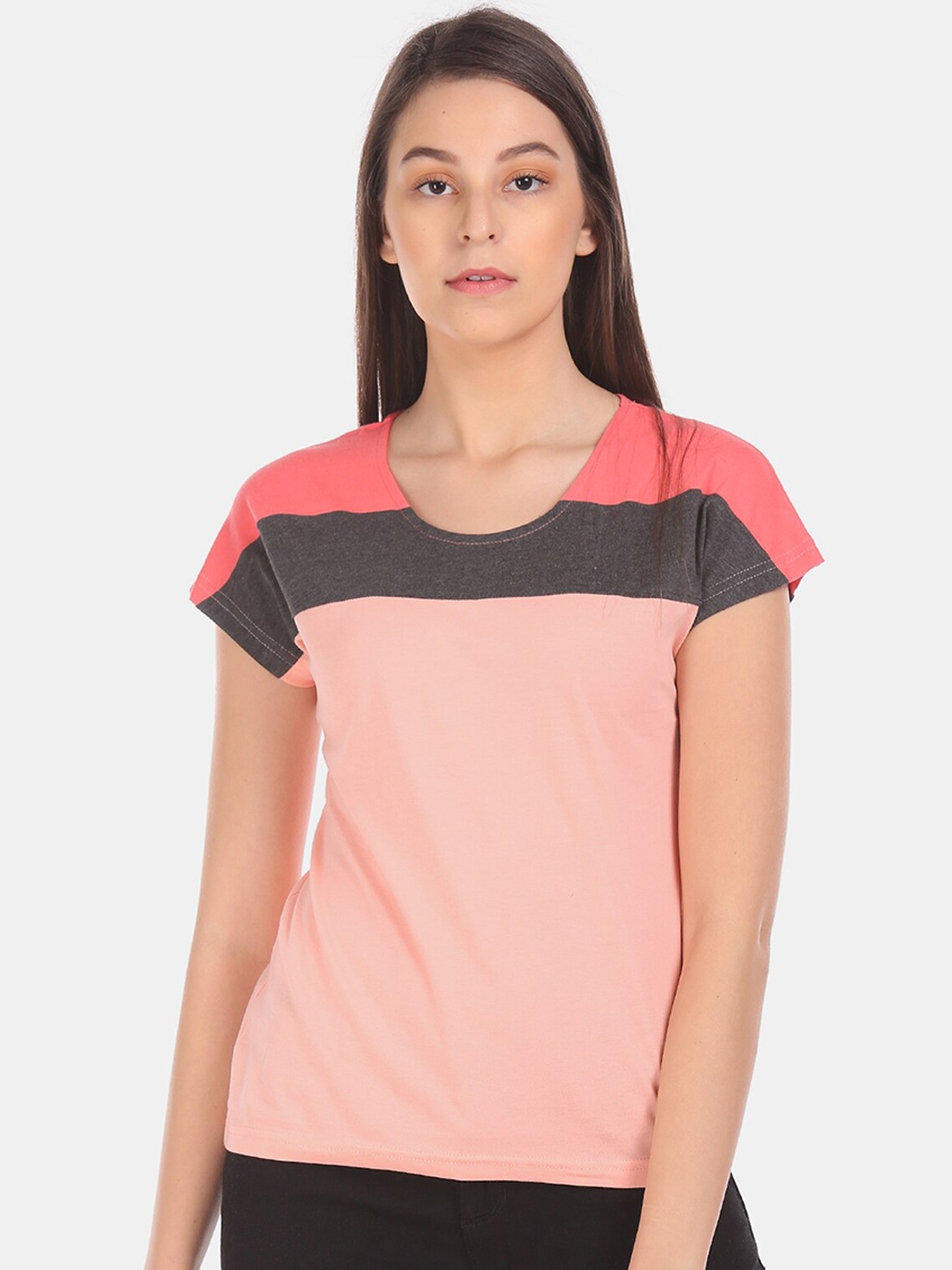 

Sugr Women Peach & Grey Colorblocked Regular Top