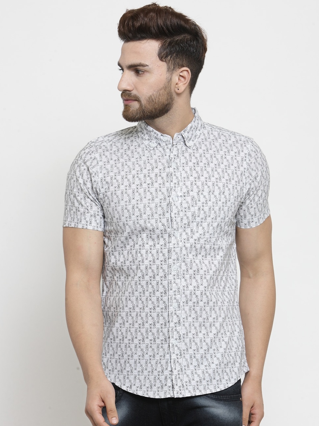 Purple State Men Grey & Grey Slim Fit Printed Casual Shirt