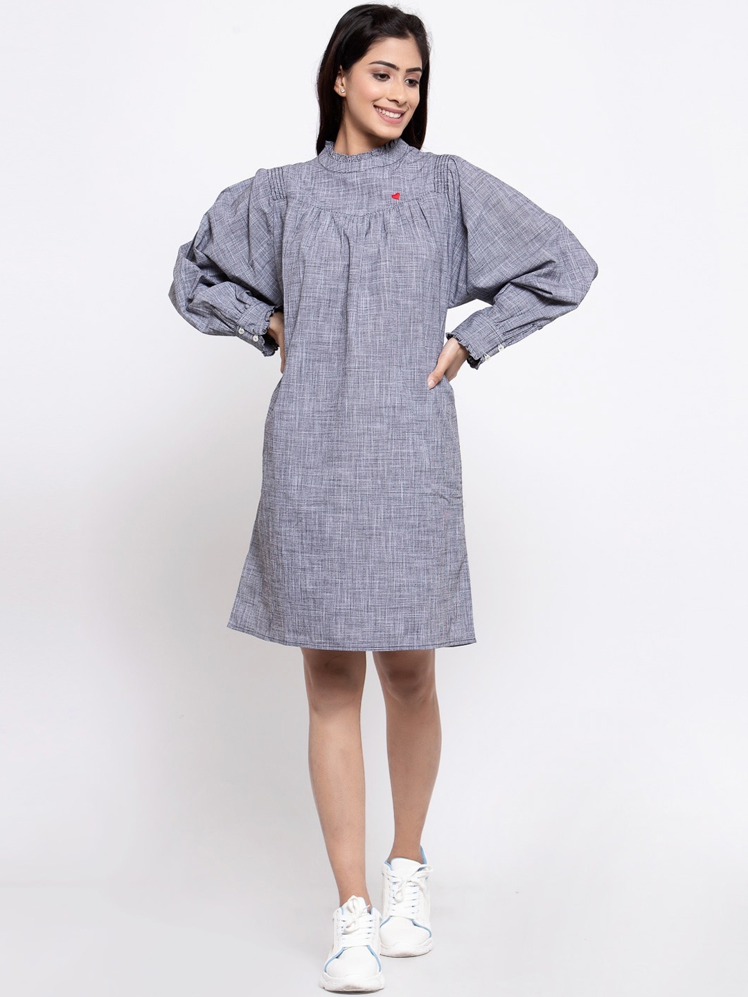 

TERQUOIS Women Black Checked Cotton A-Line Oversized Dress