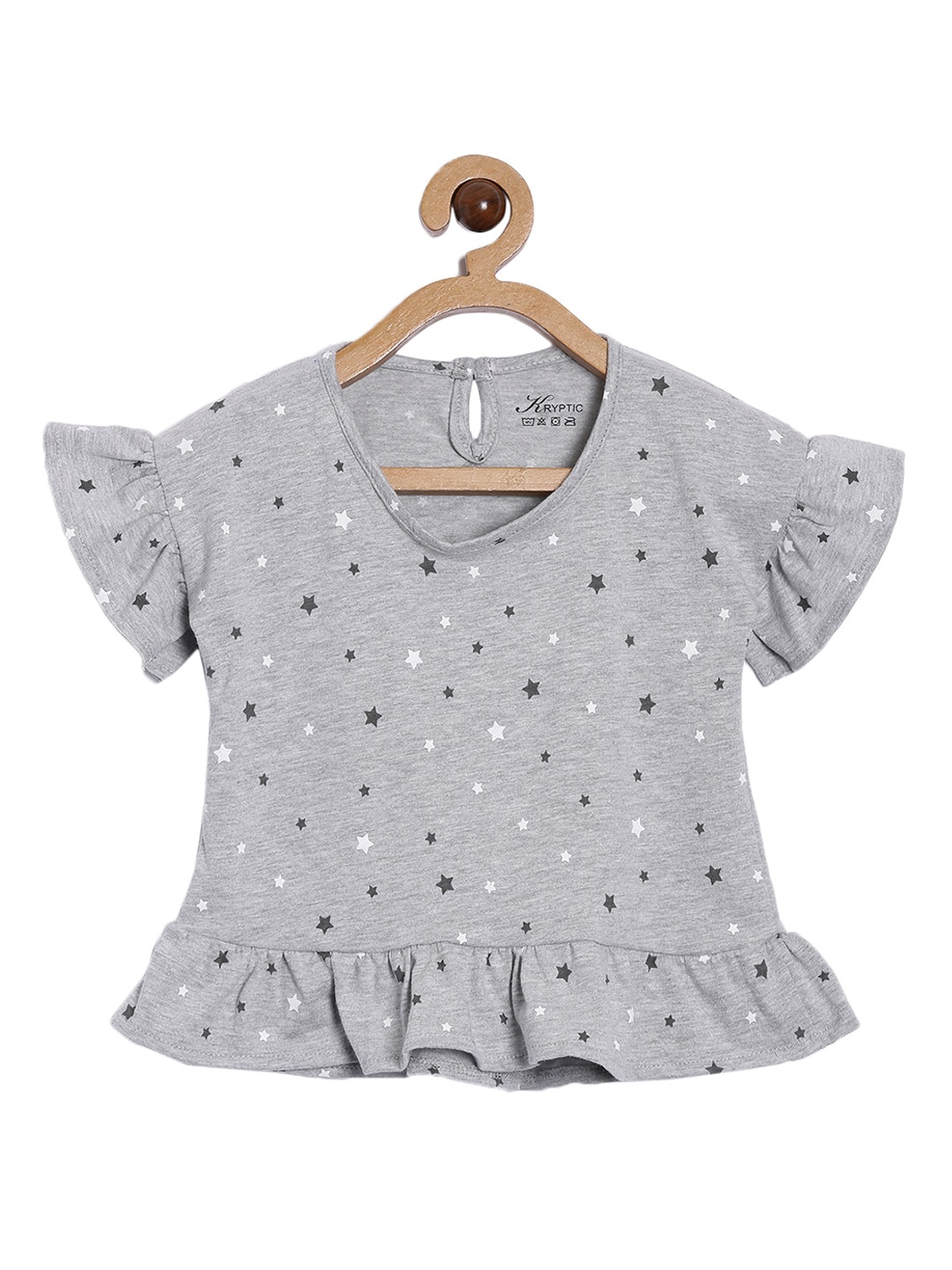 

Kryptic Grey Melange Printed Bell Sleeves Pure Cotton Peplum Top