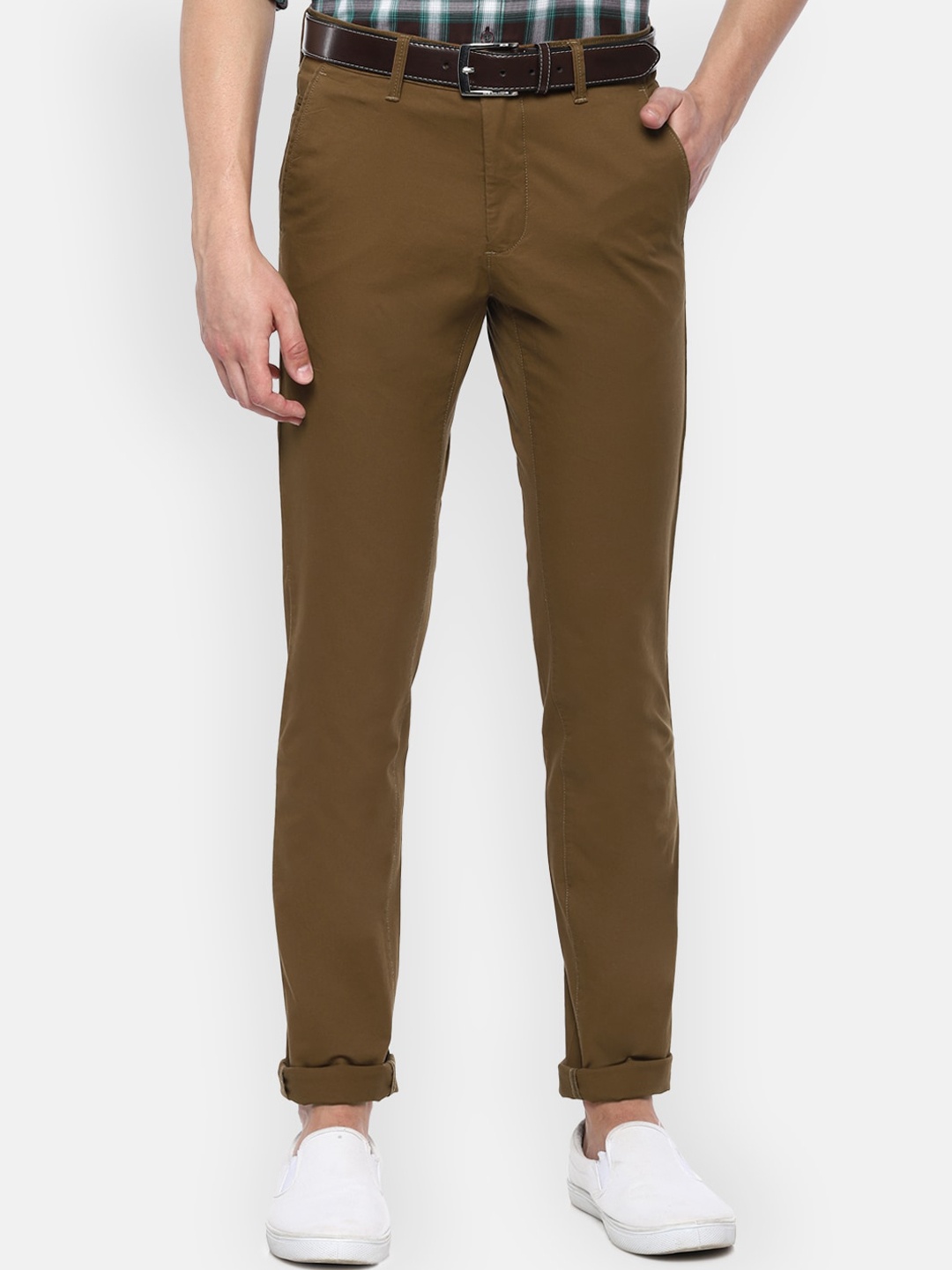 

Van Heusen Sport Men Olive Brown Slim Fit Solid Regular Trousers