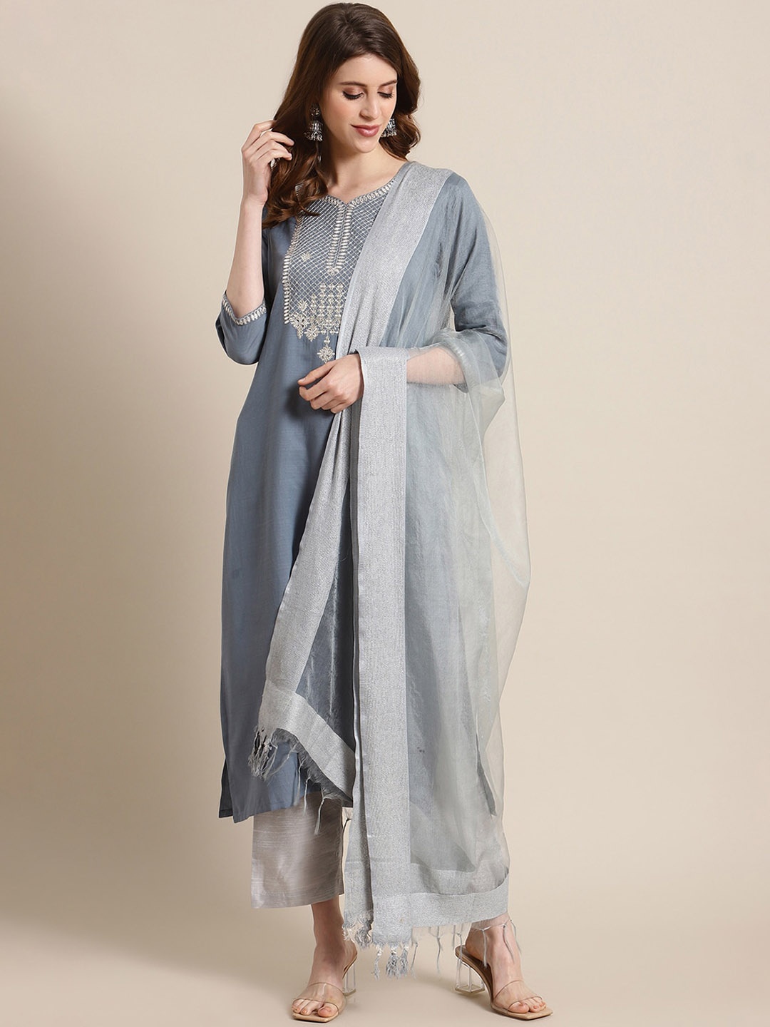 

Varanga Women Blue & Silver Sequinned Yoke Design Kurta with Trousers & Dupatta