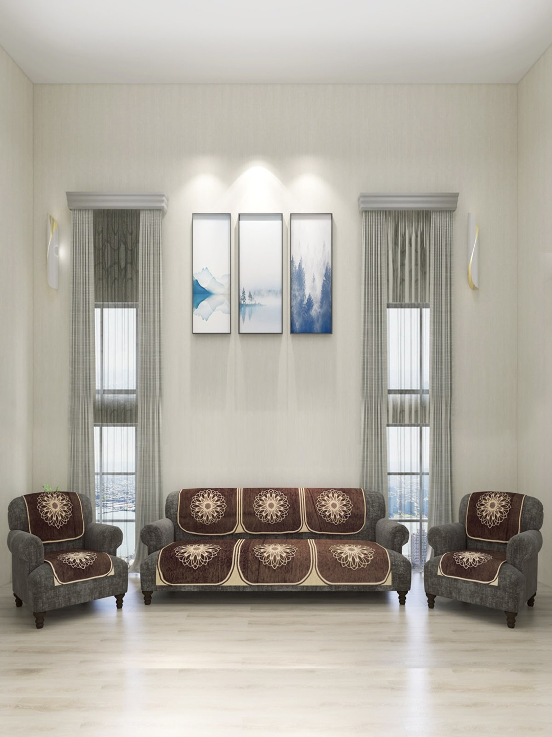 

ROMEE Set Of 6 Brown & Beige Soft Velvet Laser Cut Floral Sofa Cover