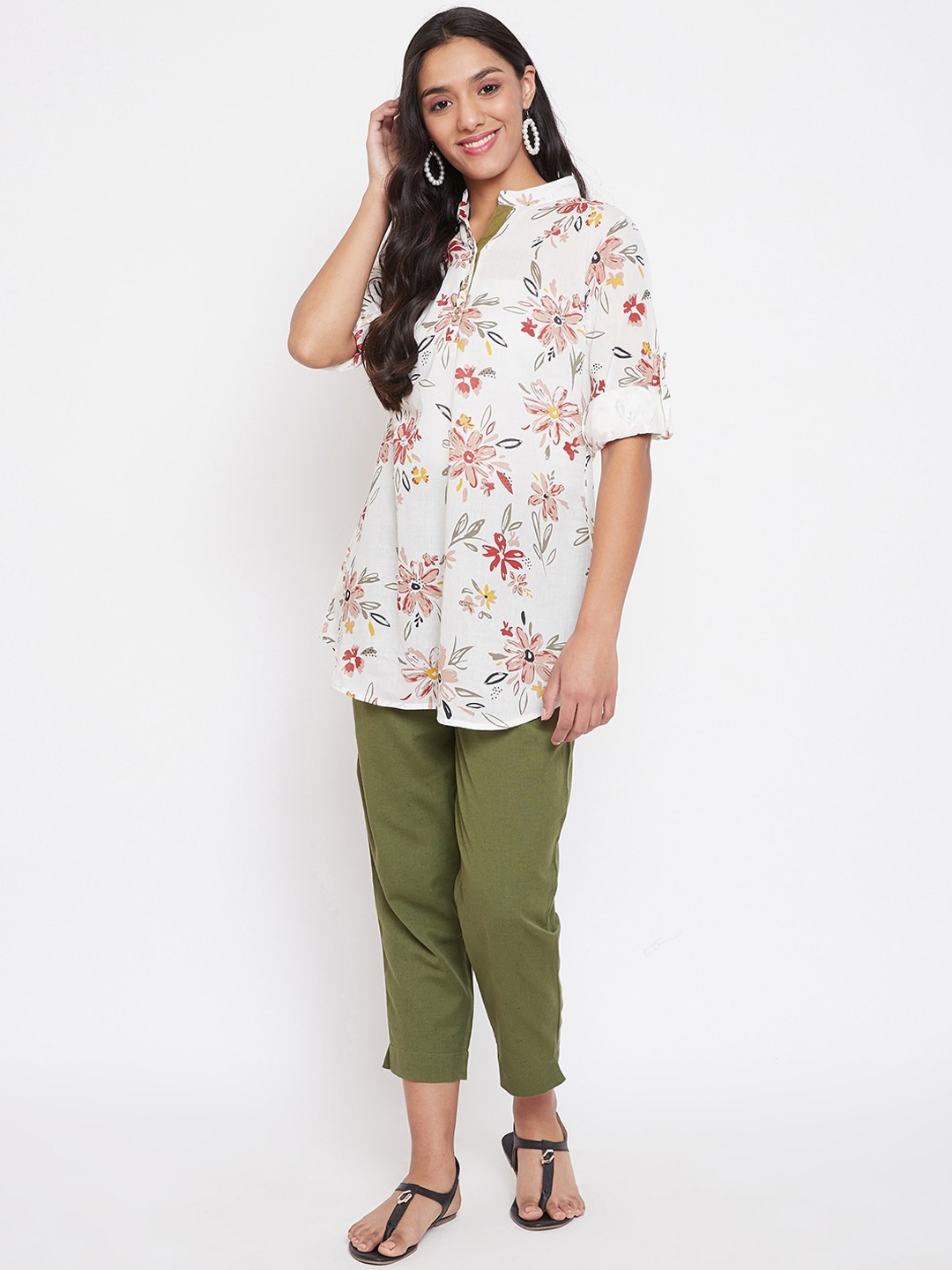 Bitterlime Women White & Green Printed Tunic with Trousers
