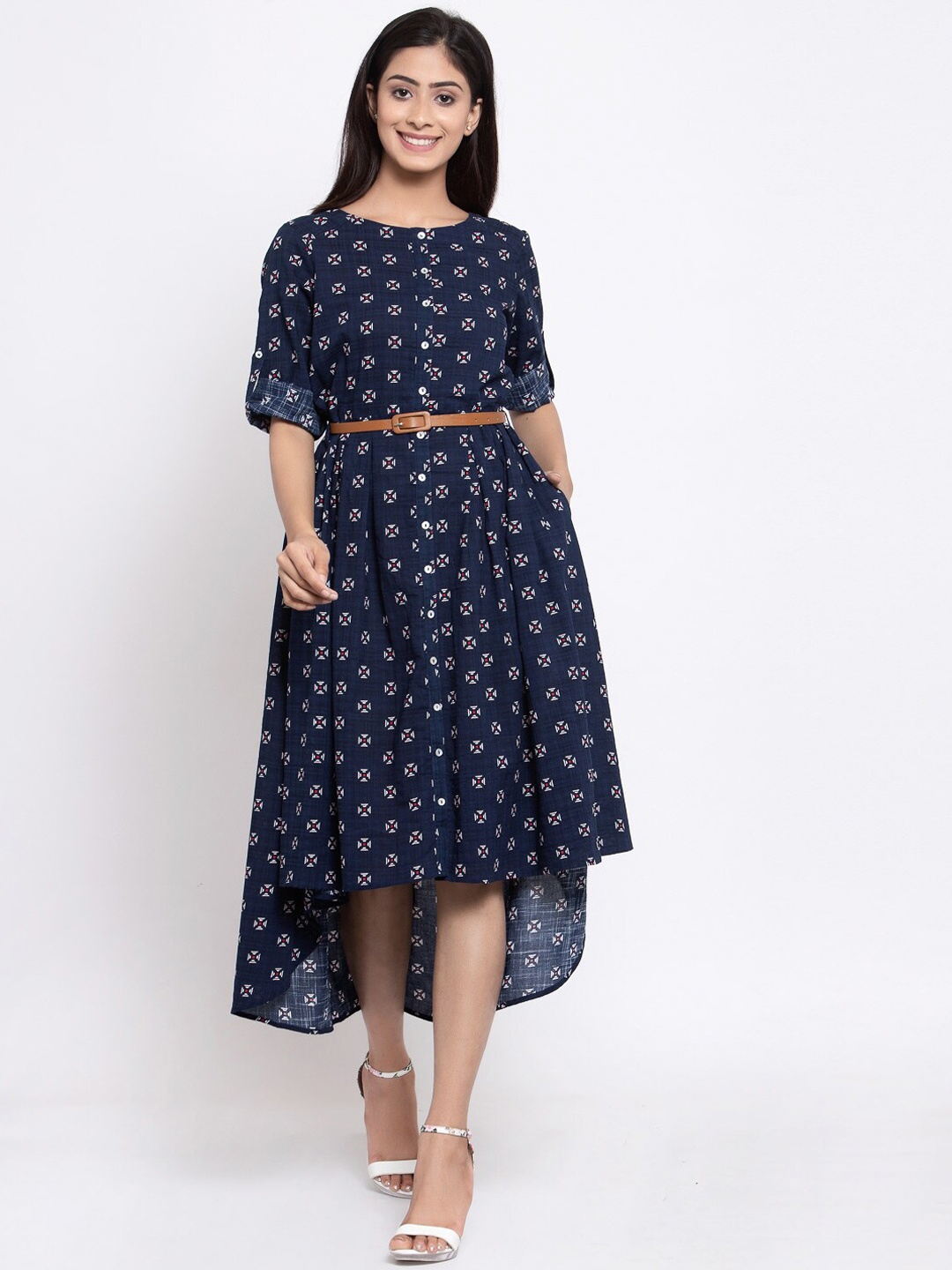 

TERQUOIS Women Navy Blue & Off-White Printed High Low Fit & Flare Dress