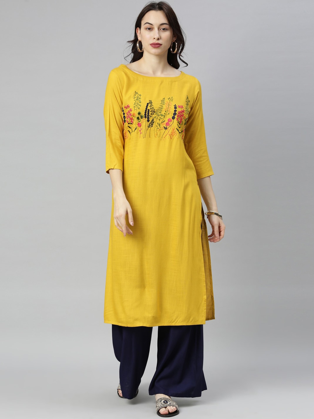 

Neerus Women Mustard Floral Embroidered Thread Work Kurta